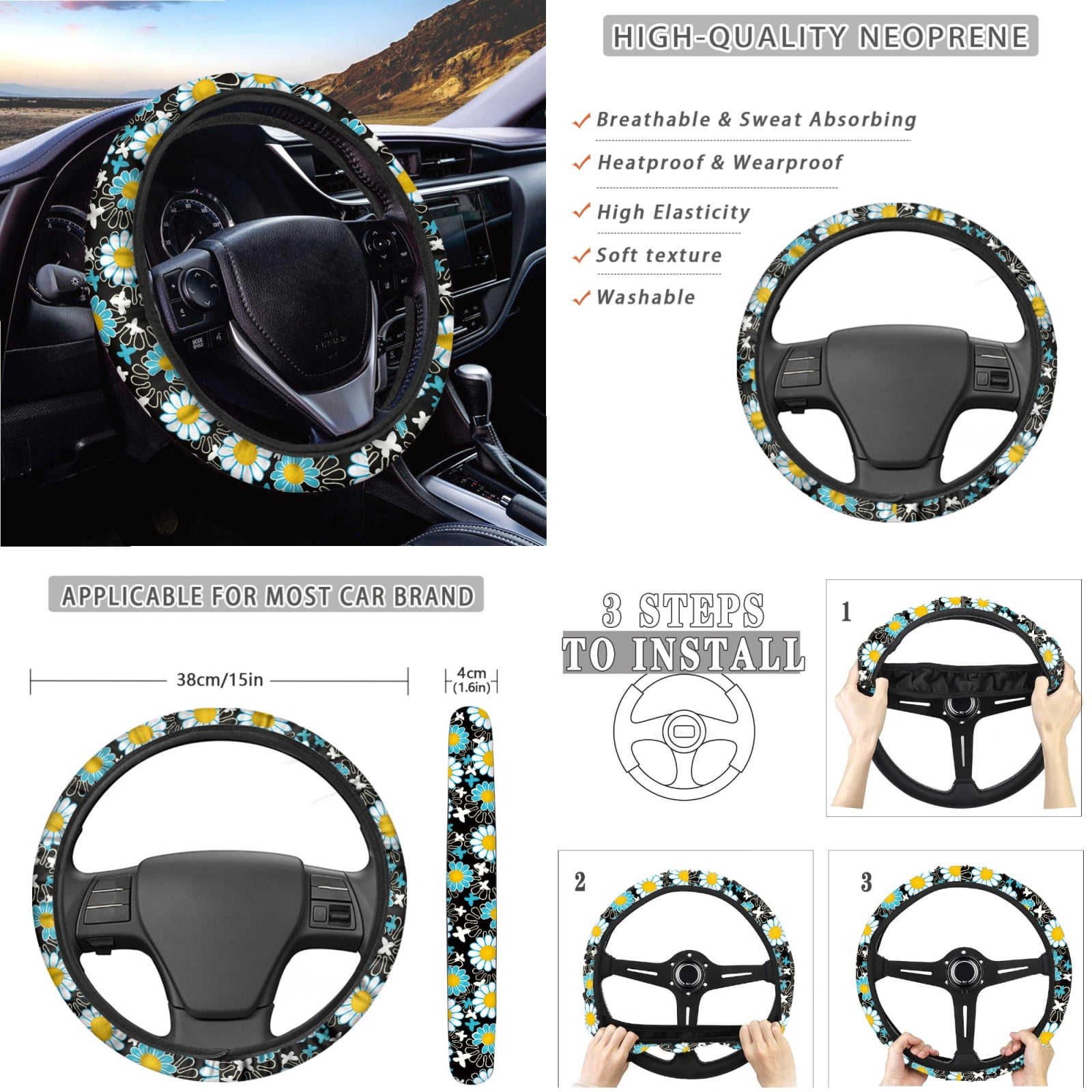 Yuyamidu Blue Daisy Car Seat Covers Full Set Women Steering Wheel Cover Safe Belt Pads Handbrake Cover Set Coasters Garbage Container Rear View Mirror Cover Car Center Console Cover, 14 Pack