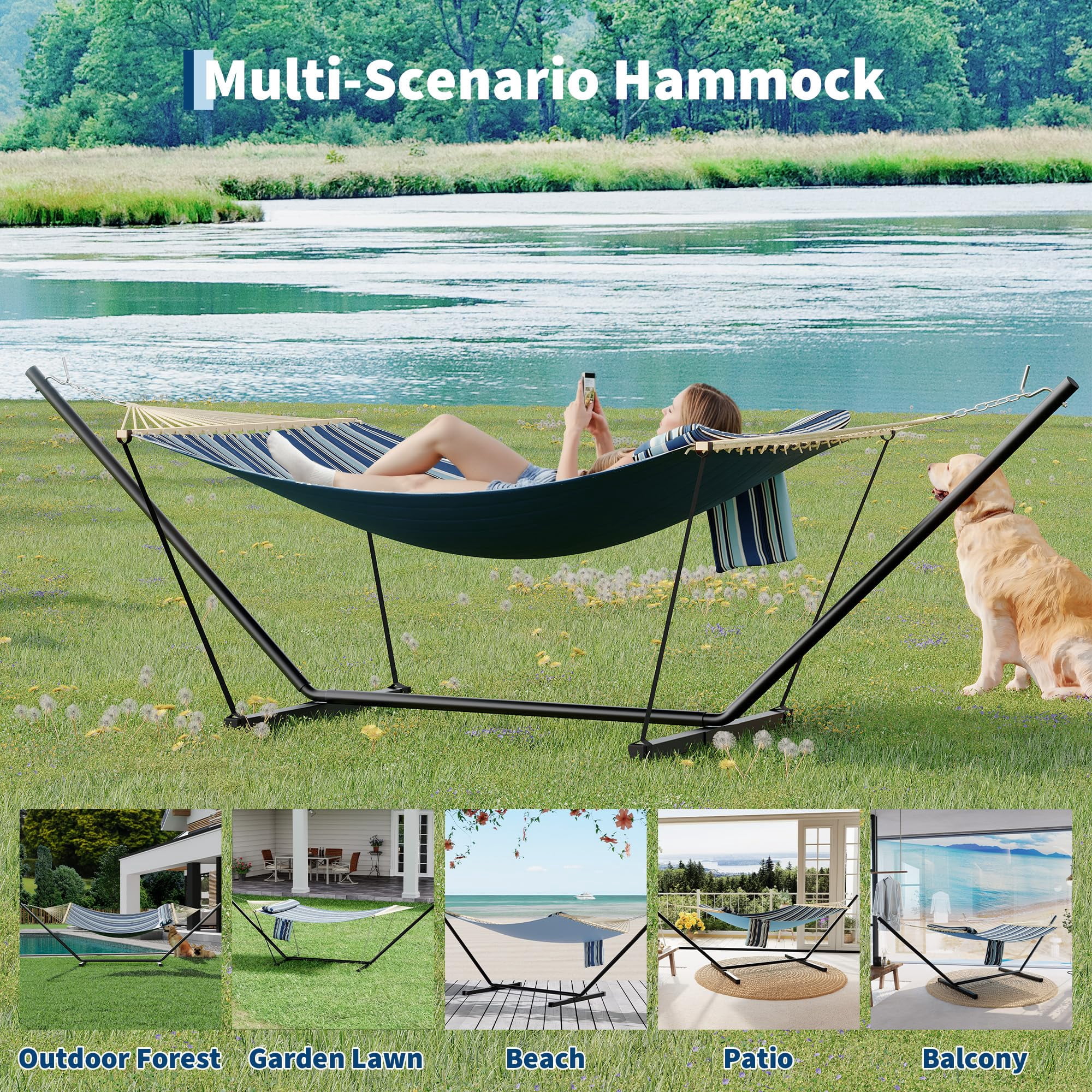 Double Hammock with Stand for Outdoor, Heavy Duty Portable 2 Person Hammock with Adjustable Steel Stand for Patio, Garden, Beach, Backyard