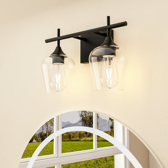Homechoose 2-Light Bathroom Light Fixtures, Black Modern Vanity Lights with Clear Glass Shade, Bathroom Wall Lamp for Mirror Kitchen Living Room Hallway Cabinet Porch