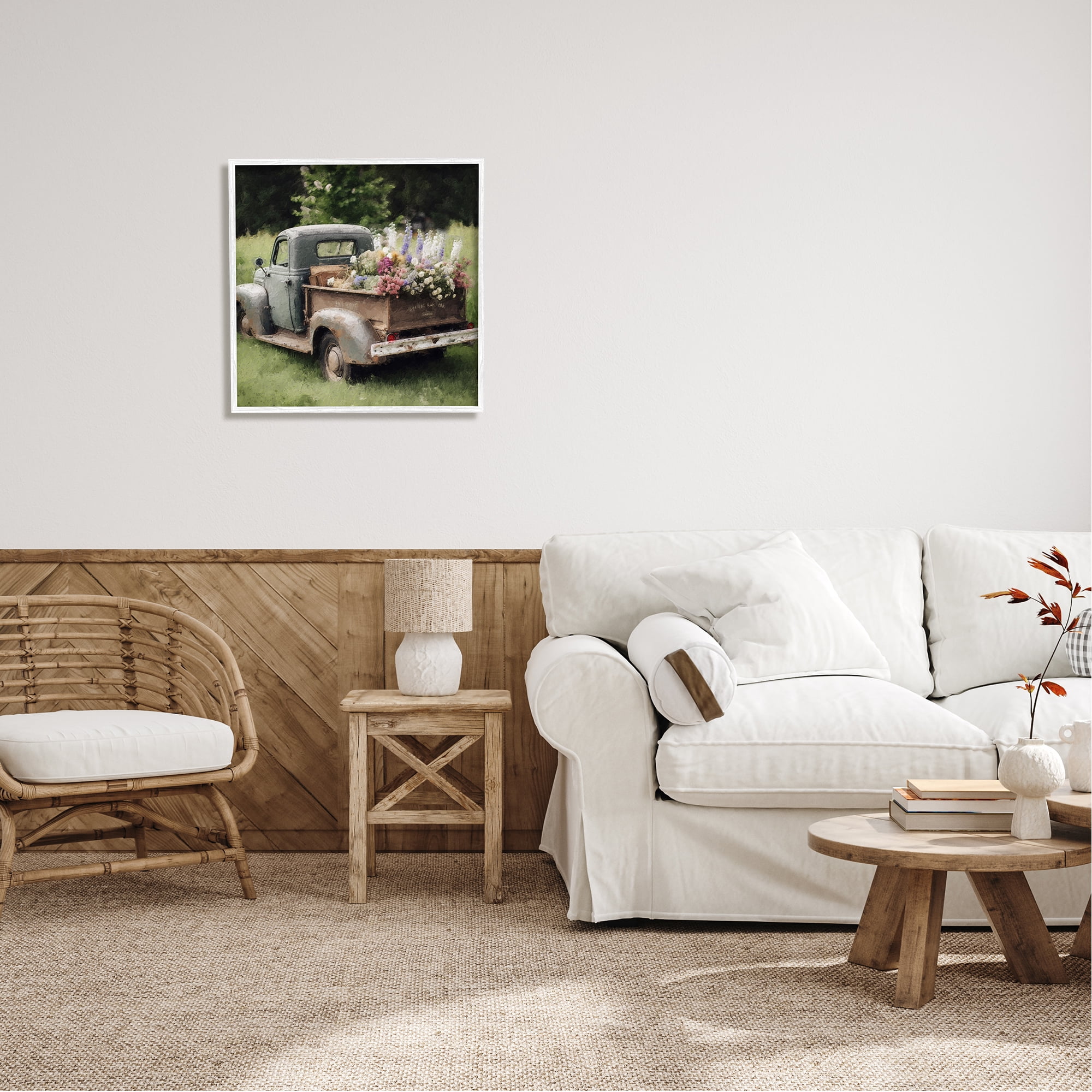 Stupell Industries Rural Pickup with Flowers Transportation Painting White Framed Art Print Wall Art, 24 x 24