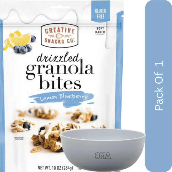 Creative Snacks Gluten-Free Lemon Blueberry Drizzle Granola Bites – 10 oz Bag-With Olive White Bowl By OMA