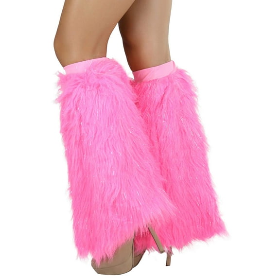 ToBeInStyle Women's Glitter Rave Faux Fur Lurex Boot Cuff Leg Warmers - Pink/Silver