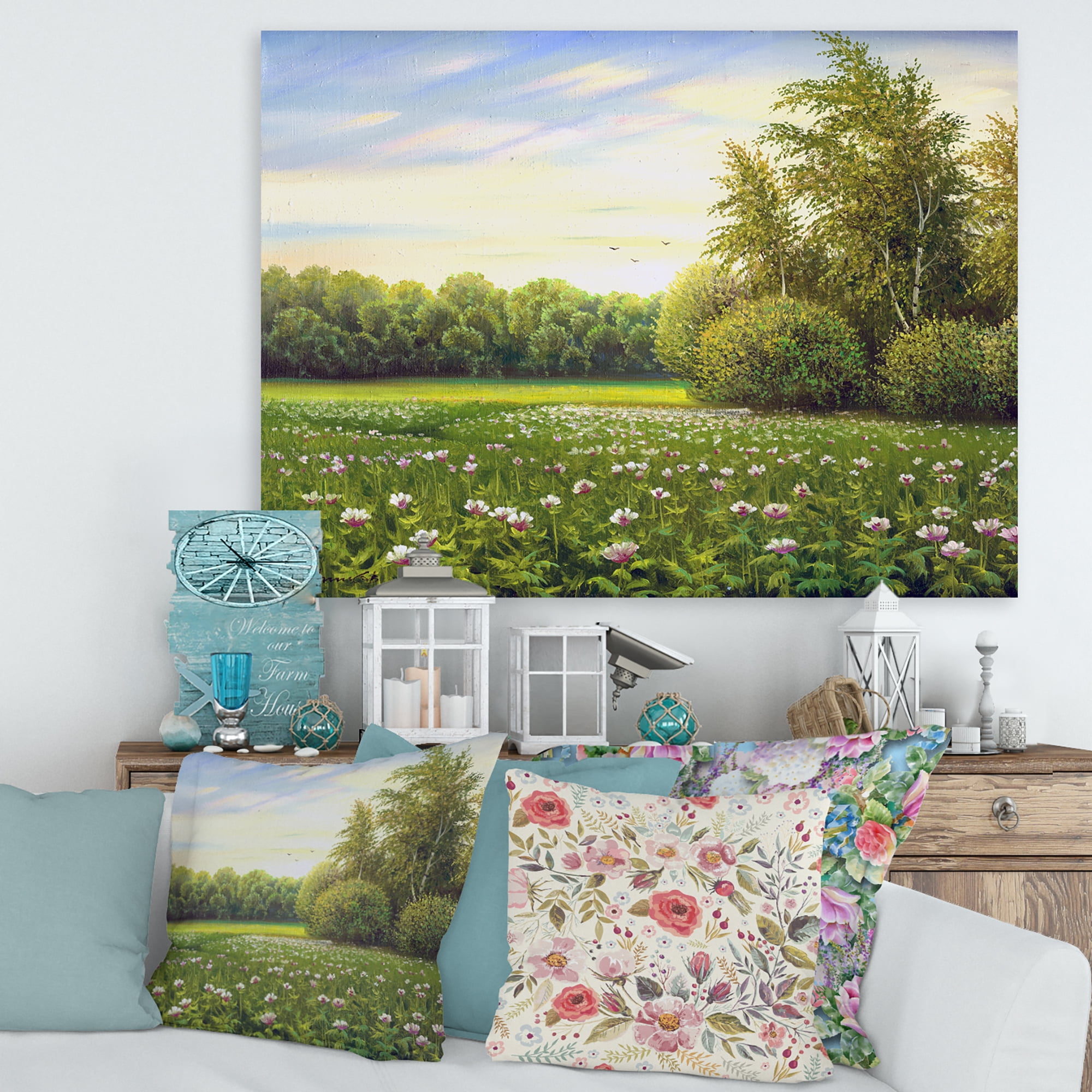 Designart ' Spring Trees By The Flowers and Meadows ' Country Canvas Wall Art Print