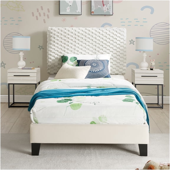 JERFIT Twin Bedroom Set with Upholstered Platform Bed and 2 Nightstands, Off-White Modern 3-Piece Bedroom Furniture Collection