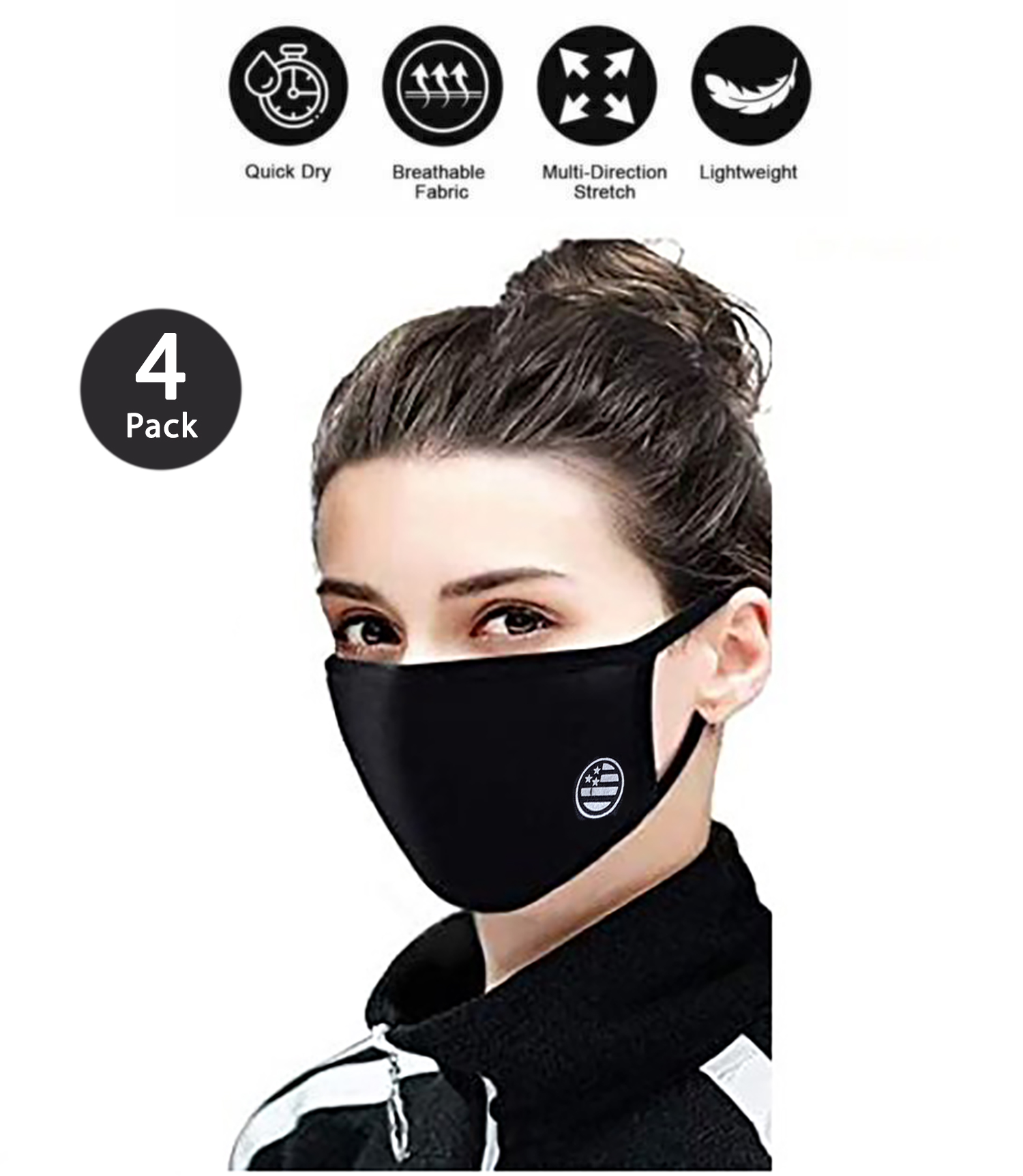 Soft Cotton Reusable Double Layer Washable Covering White Flag Men Women Unisex Black Adult Size Face Cover Mask 4 Pack - image 1 of 4