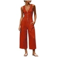 thumbnail image 2 of IUYRTFE Women Cotton Linen V Neck Button Down Jumpsuit Sleeveless Wide Leg Romper with Pockets, 2 of 6