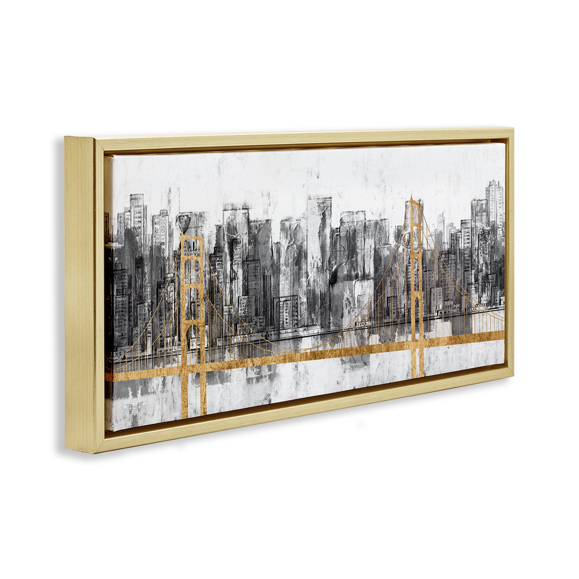 Stupell Industries Urban Golden Bridge Cityscape Abstract Painting Gold Floater Framed Canvas Art Print Wall Art, 25 x 11