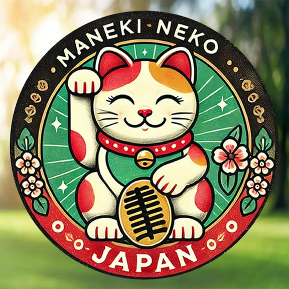 HELLOYOUNG 2D Flat "Cheerful Japanese Lucky Cat" Metal Sign (1pc): 8-inch Round Retro, Maneki-Neko Design, for Home/Wall Art, Ideal Gift