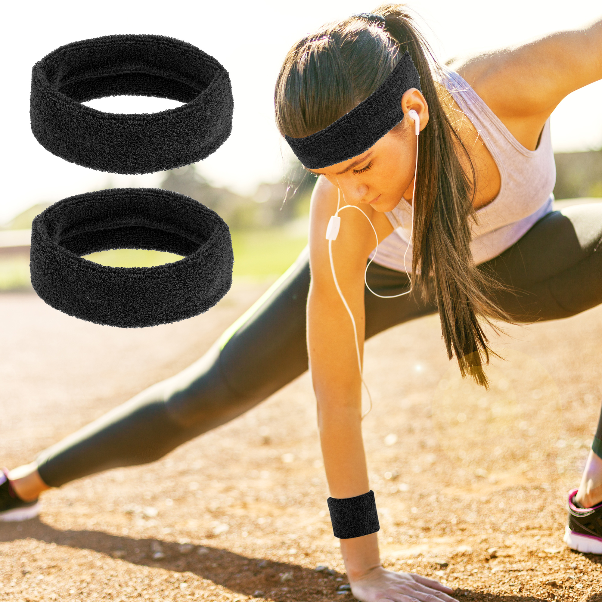 Unique Bargains 3 pcs Sport Headband Wristband Stretchy Cotton Blend Sweat Absorbing Black