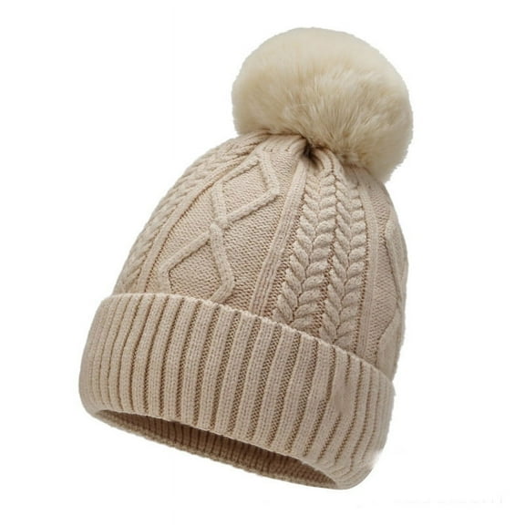 Heldig Winter Beanie Hats for Women Knit Hat Girls Double Layer Fleece Lining Bobble Hat with Faux Fur Pom PomB