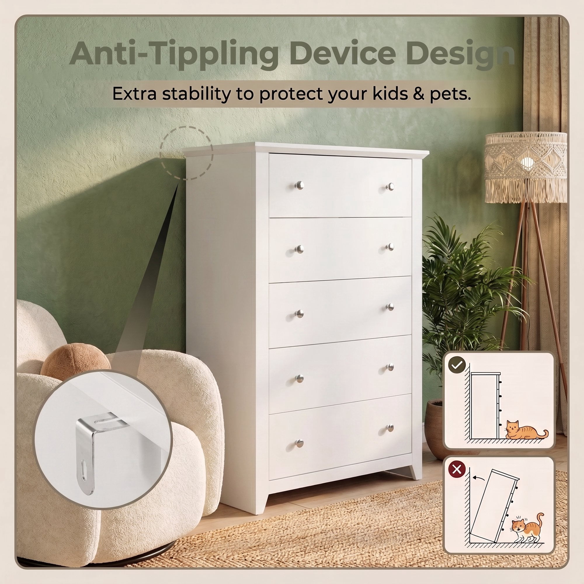 TrumanPick Tall White Dresser, 5 Drawer Dressers for Bedroom 47.2"H x 31.1"W x 15.7"D, Wood Chest of Drawers for Living Room Hallway Entryway
