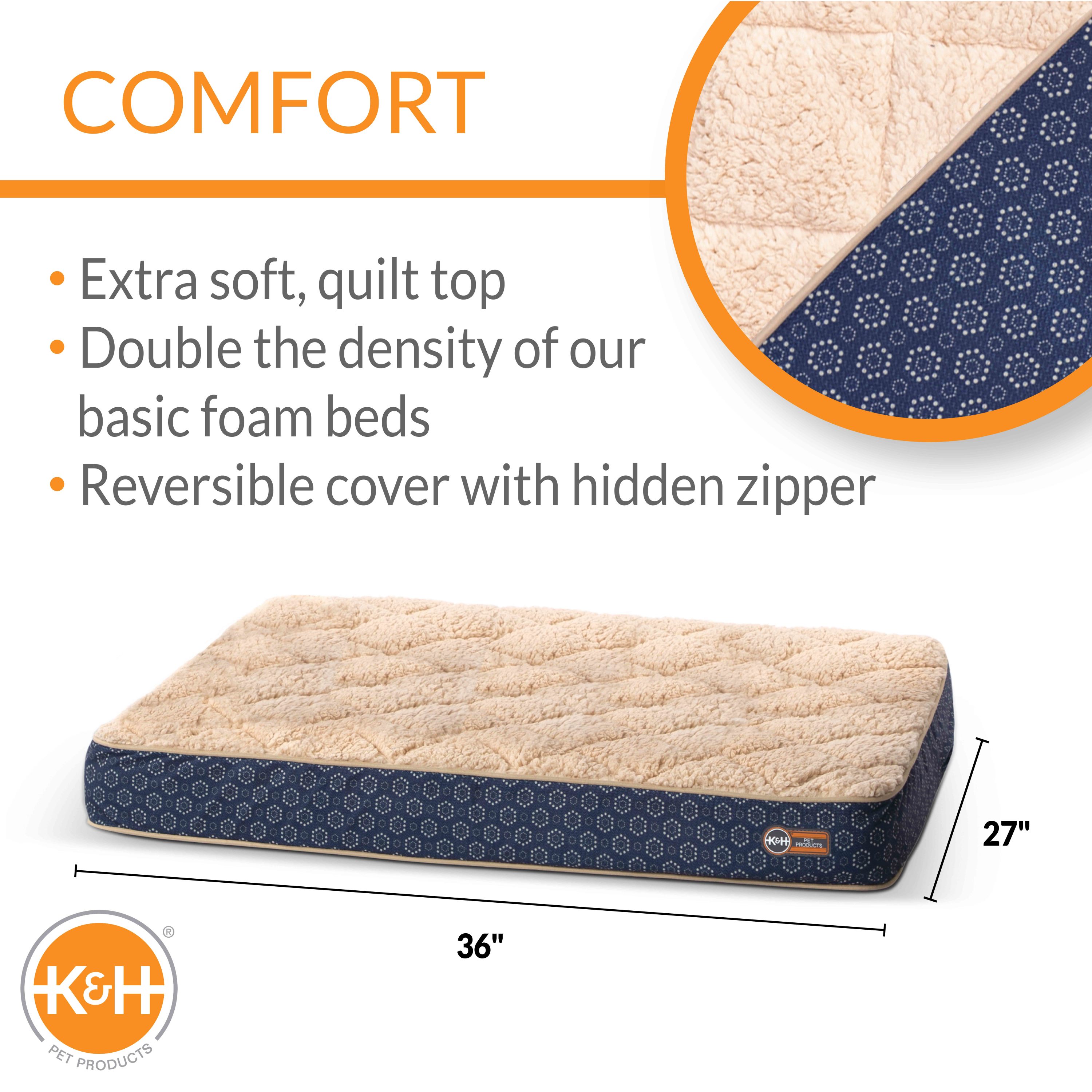 KH Pet Products Quilt-Top Superior Orthopedic Bed Navy/Geo Flower Small 27  X 36 Inches