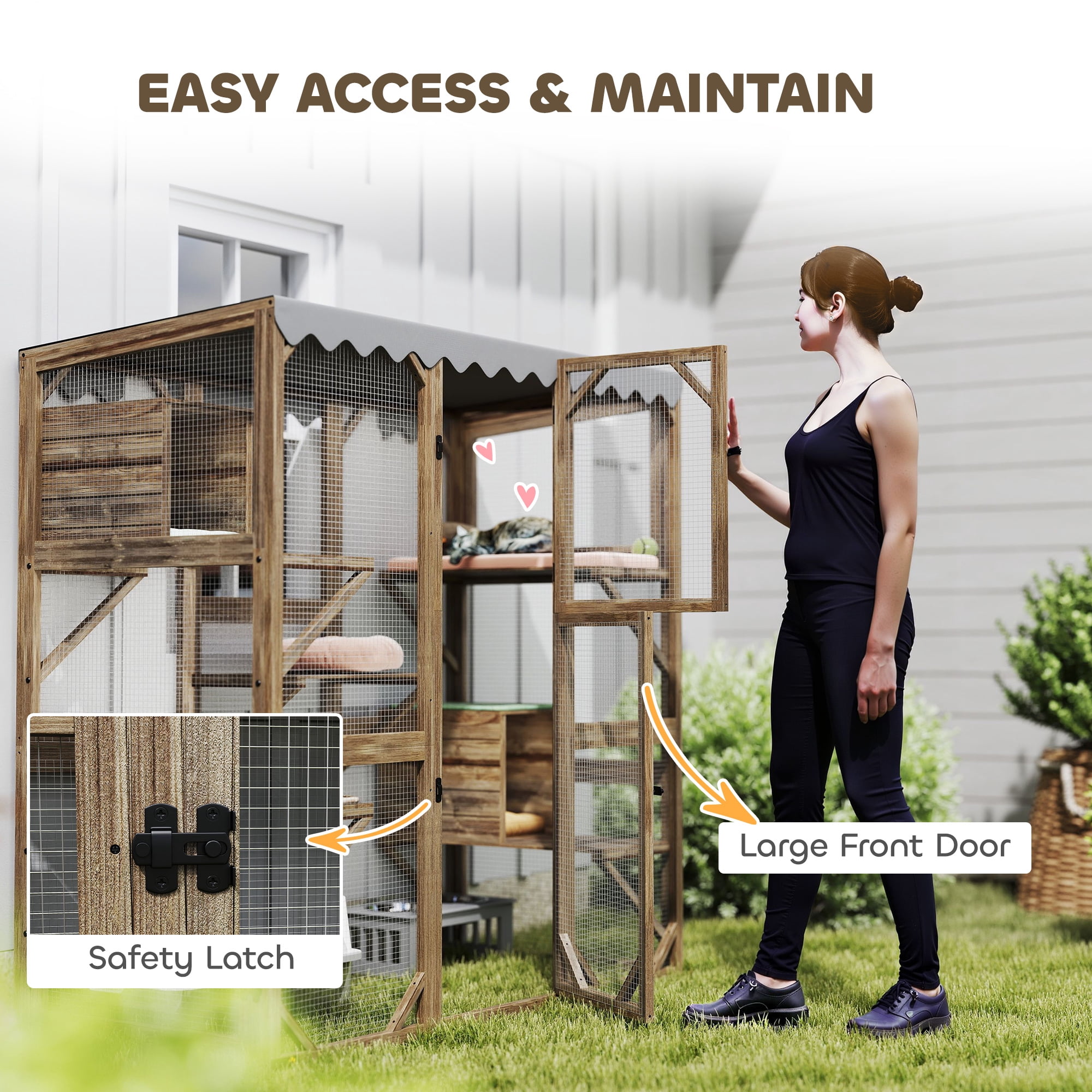 PawHut Catio Outdoor Cat Enclosure, Wooden Cat House with Window Access, 5 Platforms and 2 Resting Boxes, Waterproof Roof for Multiple Cats, Brown