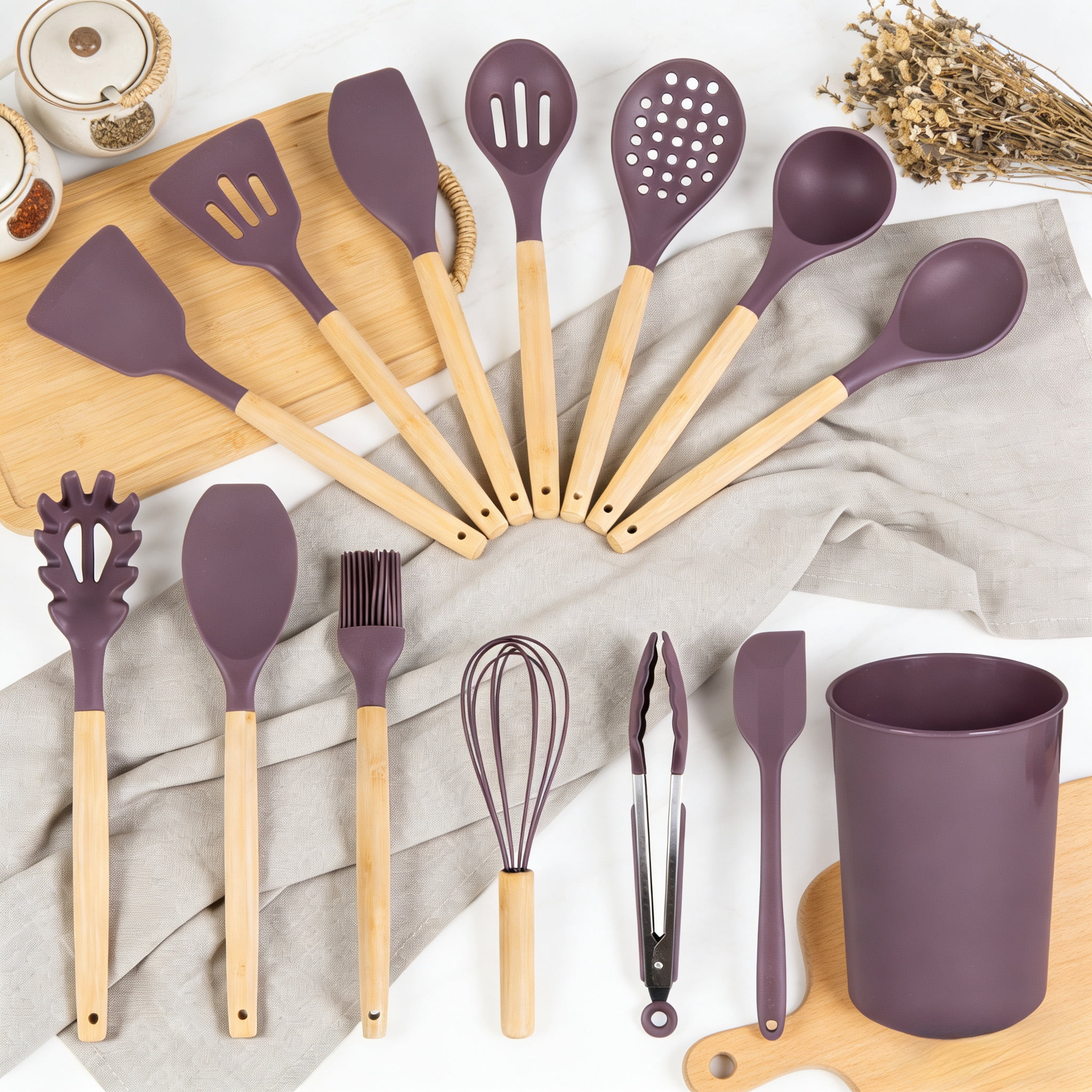 Mainstays Bamboo and Silicone Kitchen Utensil Set, Enchanting Purple, 14 Pieces
