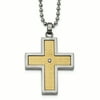 Stainless Steel W/18k Polished Textured Diamond Cross Necklace