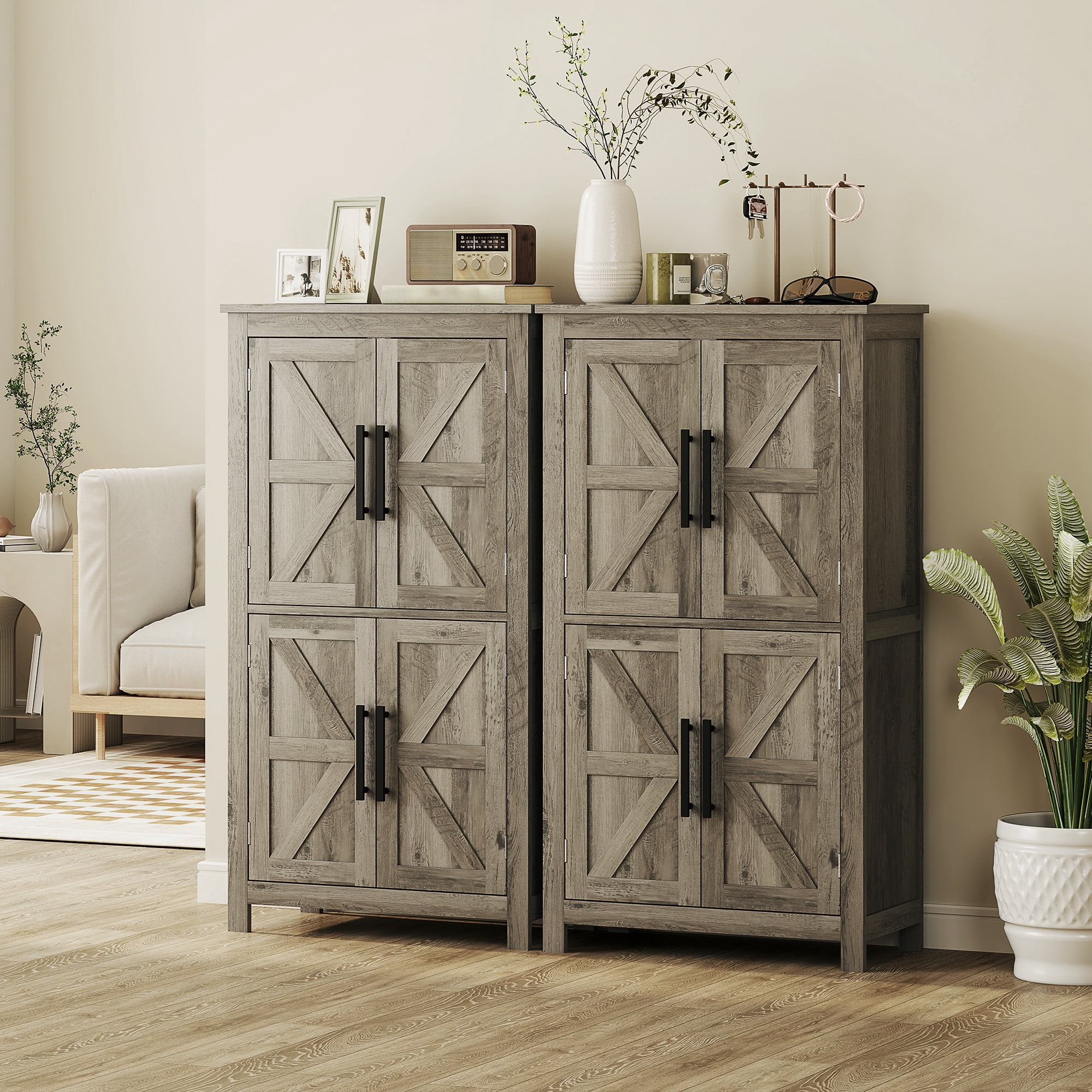 HOMCOM Bathroom Floor Cabinet, Farmhouse Bathroom Cabinet with Barn Doors, Bathroom Storage Cabinet with Adjustable Shelf, Light Gray