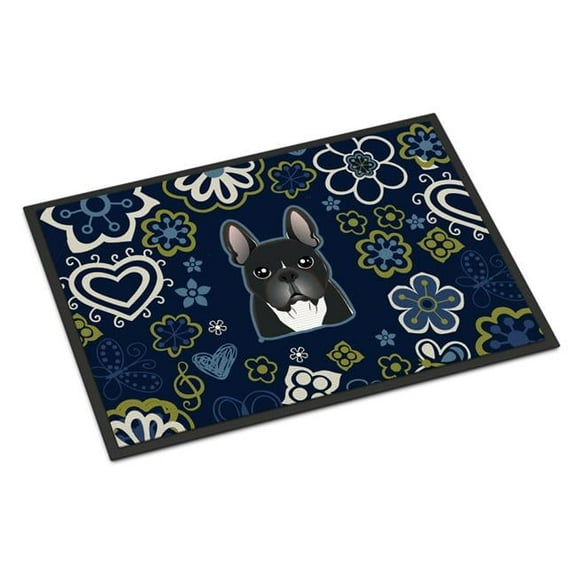 18 x 27 in. Blue Flowers French Bulldog Indoor or Outdoor Mat