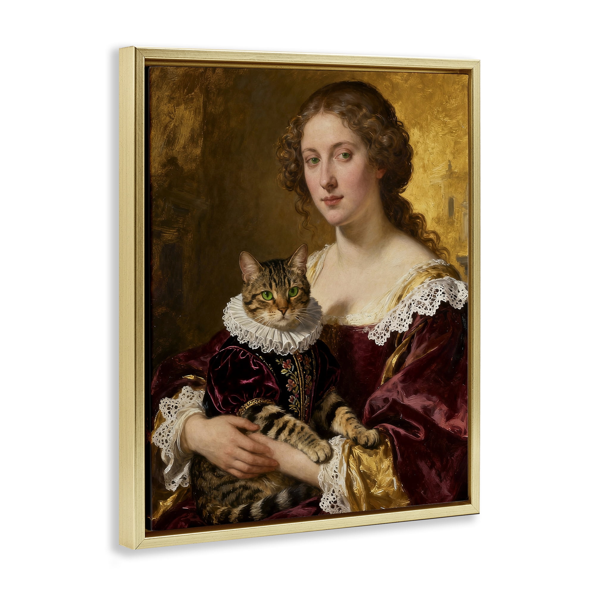 Stupell Industries Renaissance Lady with Regal Cat Gold Framed Floater Canvas Wall Art, design by CAD Designs