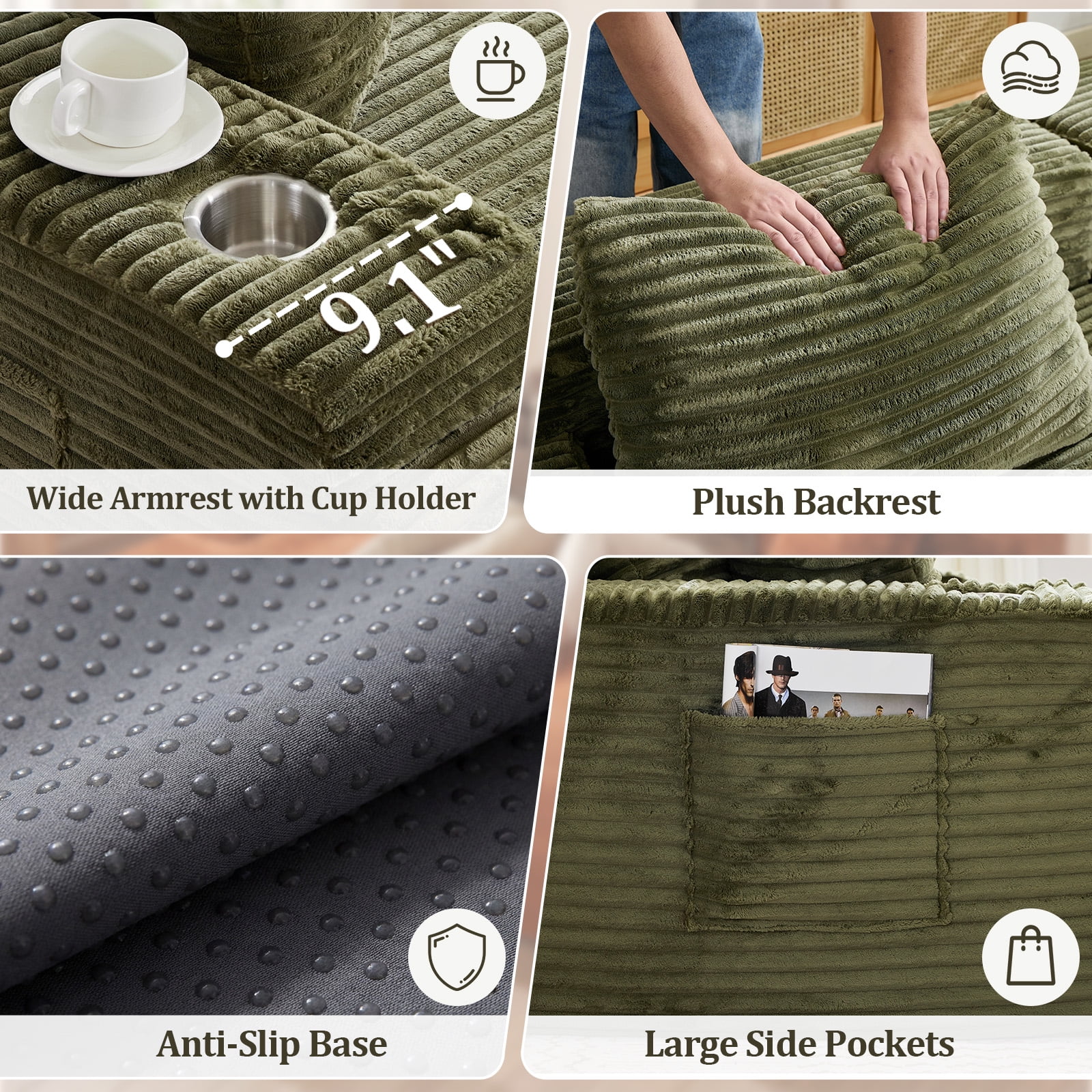IPKIG Green Corduroy 85" Double Chaise Sofa Bed, No-Assembly-Required Oversized Loveseat with Boneless Cloud Sleeper Design