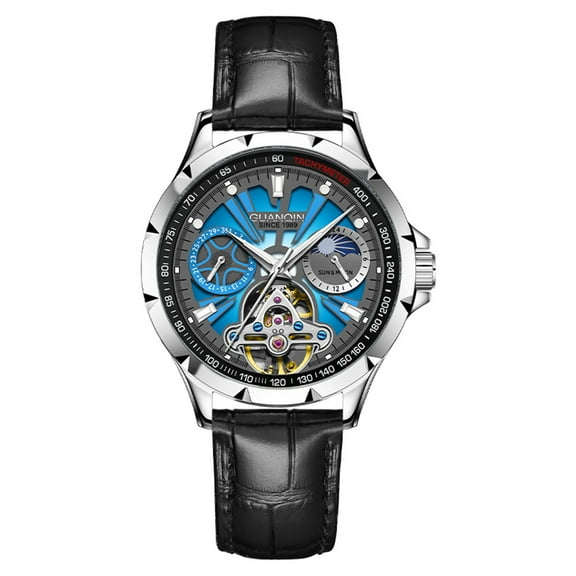 GUANQIN Skeleton Multifunctional Dial Automatic Self-Winding Mechanical Men Wrist Watch Business Genuine Leather Sapphire Crystal Waterproof Clock Luminous Moon Phase