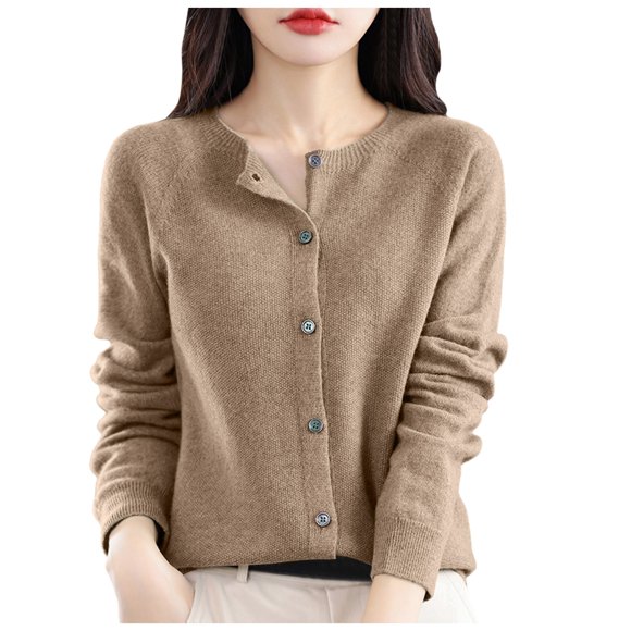 GDREDA Women's Crewneck 100% Merino Wool Sweater 2024 Spring Fall Solid Long Sleeve Seamless Knitted Cardigan Sweater Khaki,M