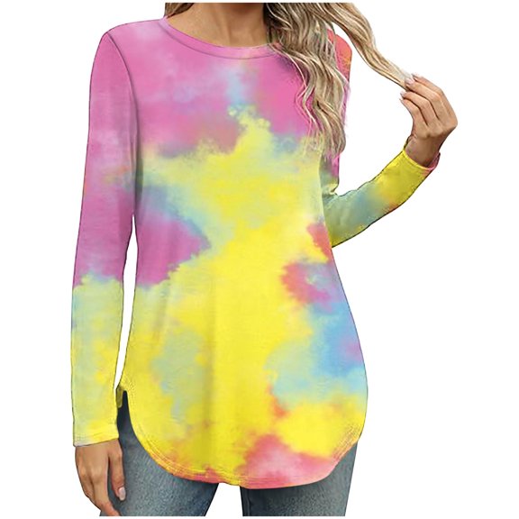GA WEIHUA Tie Dye Shirt Women Long Sleeve Tops Casual Side Split Round Neck Pullover Blouse Flowy Tunic Tees Loose Fit Fashion Clothes Gradient Graphic Printed Blouse,Yellow,XXL