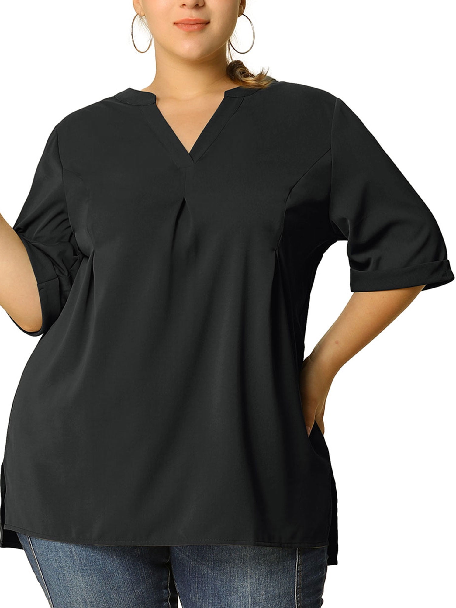 Unique Bargains Women's Plus Dip Hem Blouse V Neck Short Sleeve Tunic Top