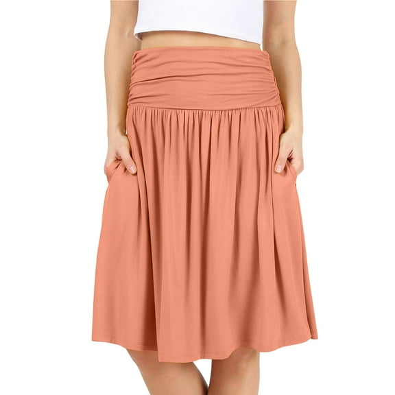 Simlu Womens Regular and Plus Size Skirt with Pockets Below The Knee Length Ruched Flowy Skirt Midi Skirt For Women