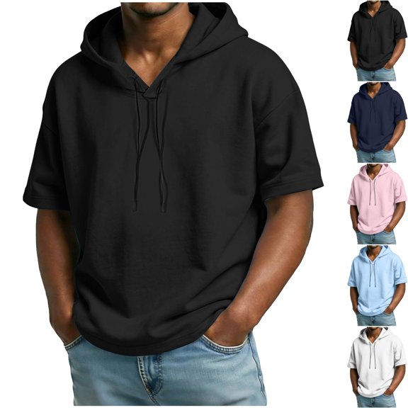 Mens Summer Short Sleeve Pullover Hoodie Muscle Workout Hooded T-Shirts, Casual Lightweight Breathable Athletic Tees with Hood, Soft Stretch Outdoor Sportstyle Streetwear 2026