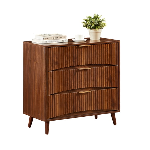 YIYADO Mid-Century Fluted 3-Drawer Dresser, Walnut Wood Storage Chest with Metal Handles for Bedroom Living Room