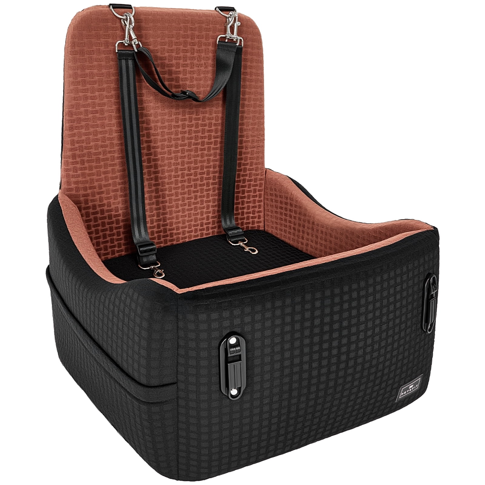 PETSFIT Dog Car Seat for Small/Medium Dogs Up to 35 lbs – Patented Safety System, 6" Memory Foam Pet Booster Car Seat, Fully Detachable and Washable (Black/Brown)