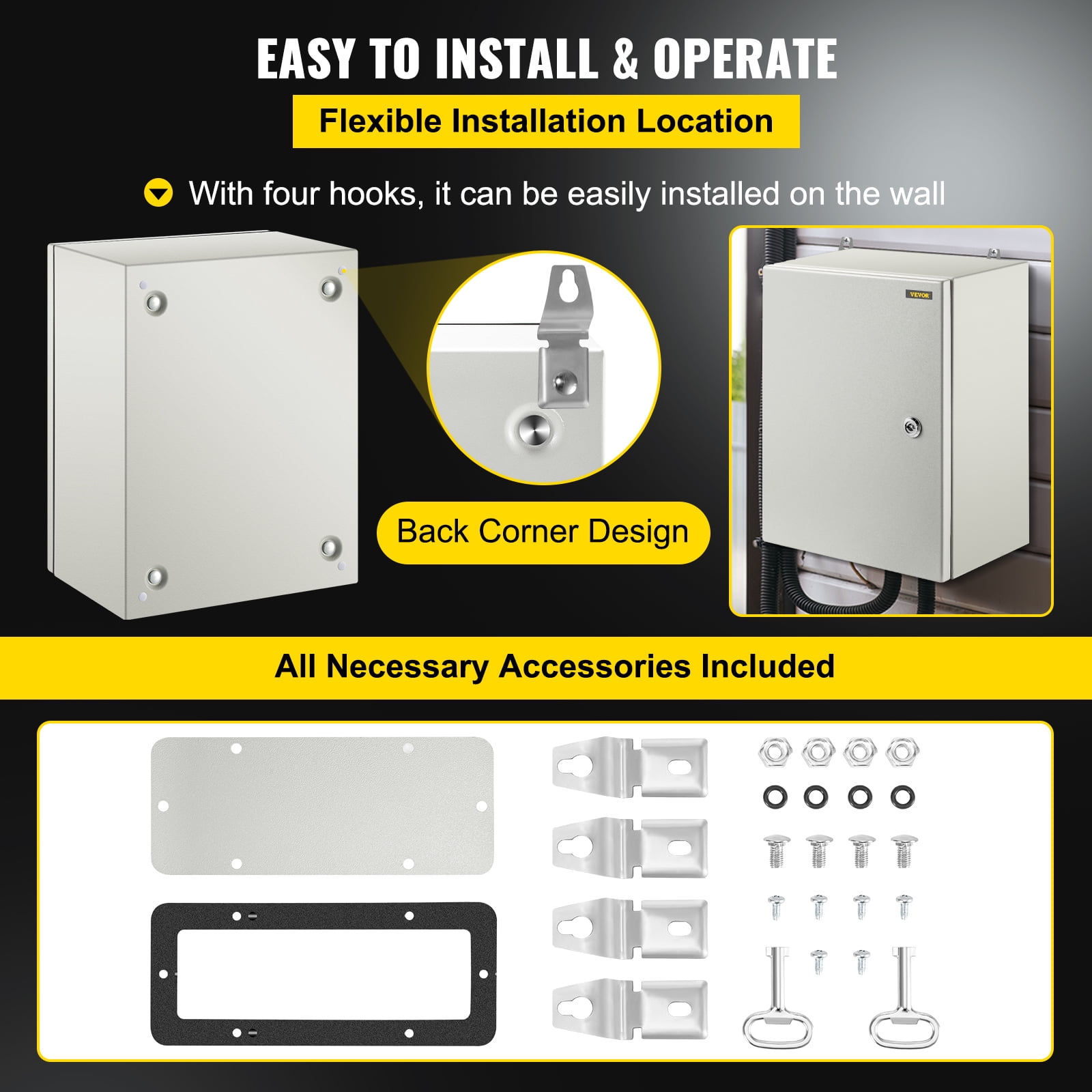 VEVOR NEMA Steel Case, Dimensions 16x12x8 inches, NEMA 4X Steel Electric Enclosure, IP66 Rated for Water and Dust Resistance, Suitable for Both Outdoor and Indoor Use, Includes Mounting Plate