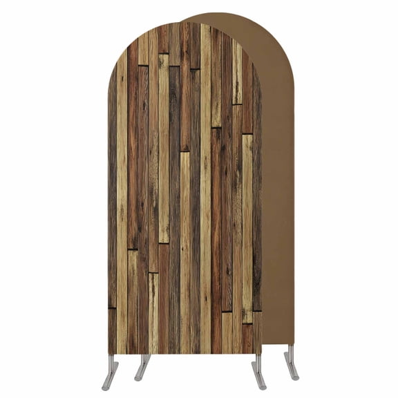 Brown Wooden Grain Wedding Arch Cover, Stretchy Spandex Arch Backdrop Stand Covers 6 FT, Farmhouse Vintage Stitching Art Round Top Arched Backdrop Cover for Birthday Party Ceremony Baby Shower Event