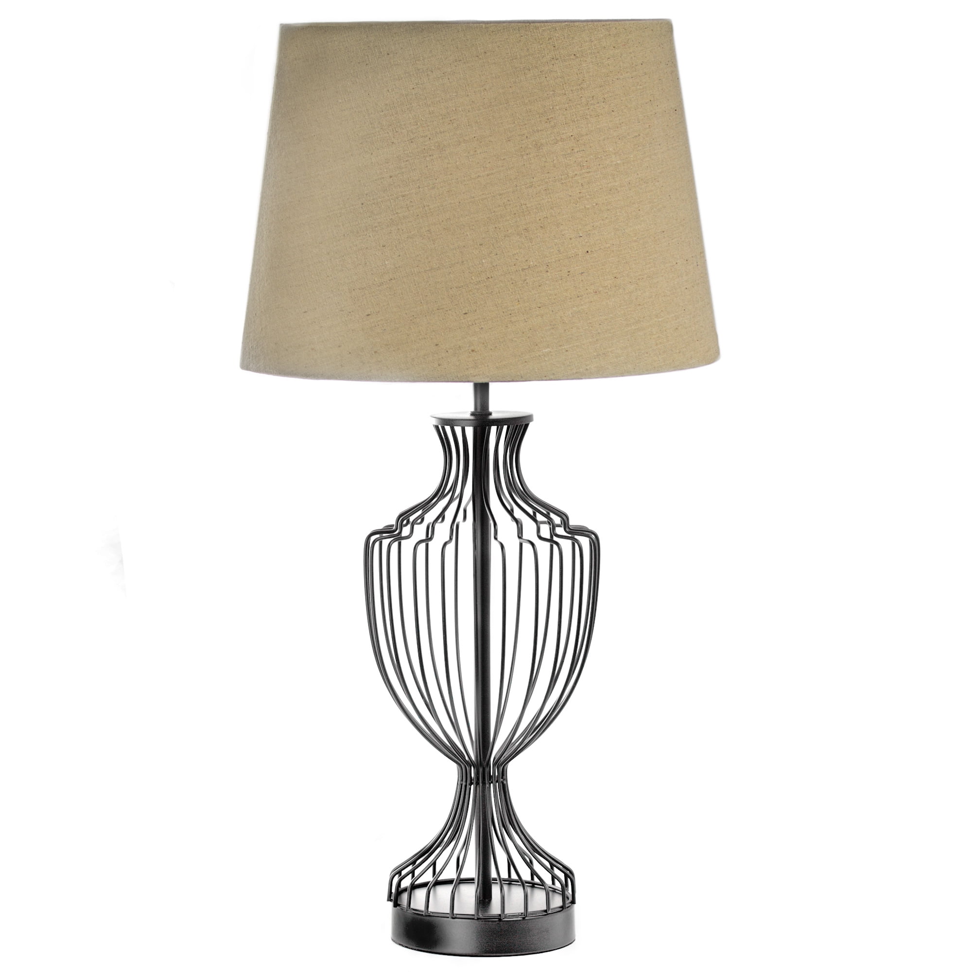 Black Cage Metal Table Lamp with Drum Shade