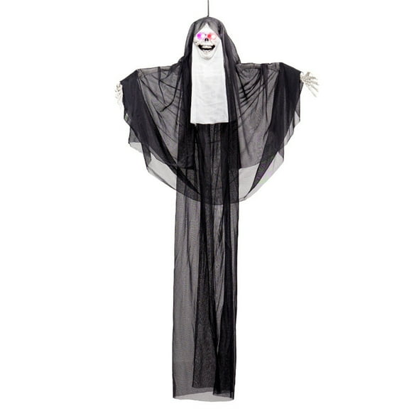 Outdoor Halloween Decoration,45.2" Scary Hanging Demon Nun Decor with Blue Light Eyes for Yard,Patio,Haunted House,Light Up Creepy Evil Skeleton Nun Props