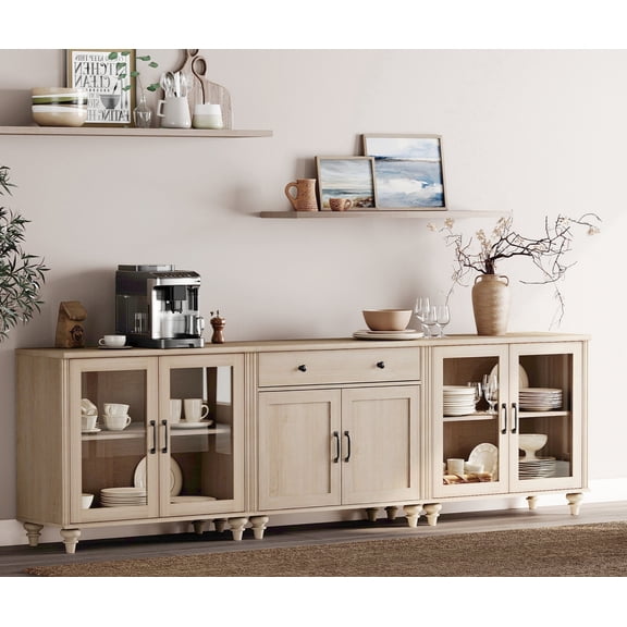 WAMPAT Farmhouse Light Oak Buffet Sideboard Cabinet, 3-in-1 Storage Console with Glass & Wood Doors, Multipurpose Entertainment Center for Living Room & Kitchen, Fits TVs Up to 100 Inch
