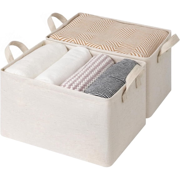 StorageWorks Large Fabric Storage Bins with Metal Frame, Collapsible Storage Baskets for Shelves, 2-Pack, Beige-Cotton-linen