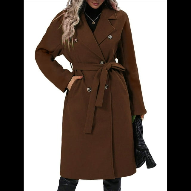 Gabardina de Lana Cruzada para Mujer, Abrigo de Invierno de Mezcla de Lana, Medio, Elegante. Marrón Oscuro XL