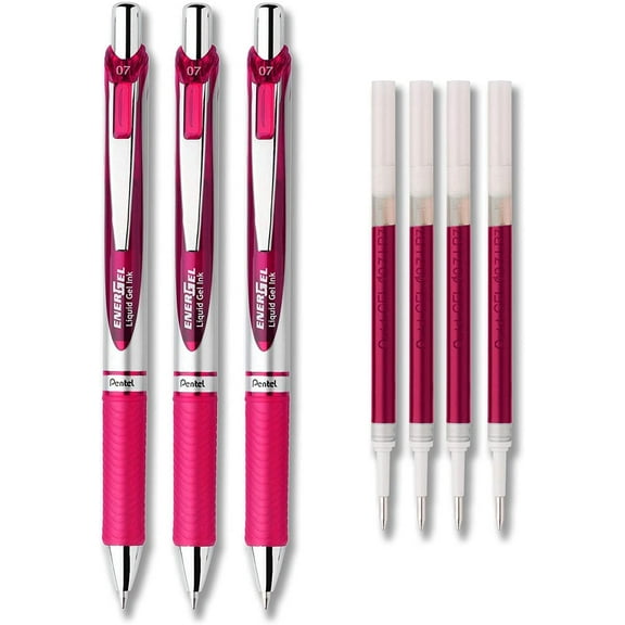 Pentel EnerGel Deluxe RTX Liquid Gel Ink Pen Set Kit, Pack of 3 with 4 Refills (Pink - 0.7mm)