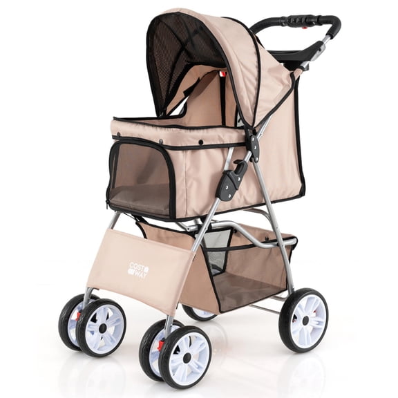 Pet Stroller for Small Dogs and Cats up to 33 Lbs, 4 Wheel Folding Dog Stroller with Storage Basket, Beige