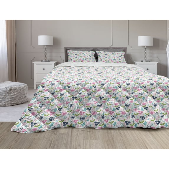 Floral Comforter & Sham Bedding Set, Romantic Season Flowers on Branches Spring Round Motifs on Plain Background, 3 pcs Duvet Set Microfiber Filling Quilt, 5 Sizes, Multicolor, by Ambesonne