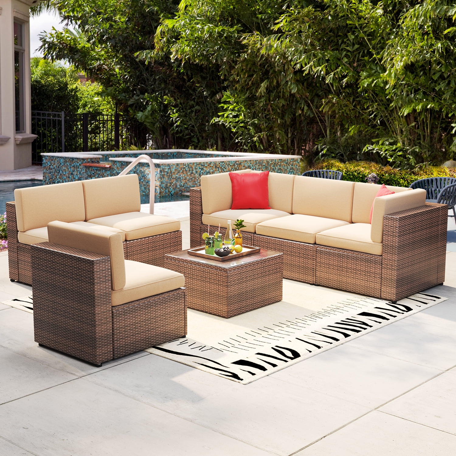 Sunmthink 7 Pcs Patio Conversation Sets, PE Rattan Conversation Sets ...