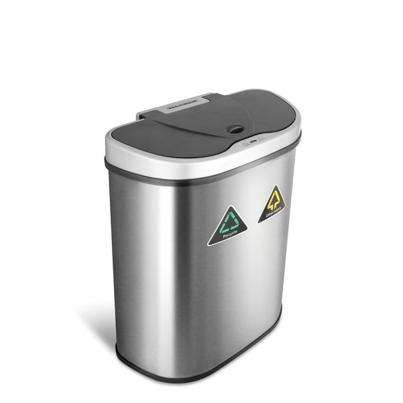 Nine Stars Dual Compartment Automatic Trash Can, 18 Gallon Stainless Steel, Motion Sensor Hands-Free Soft-Close Lid Garbage Recycle Bin, Silver