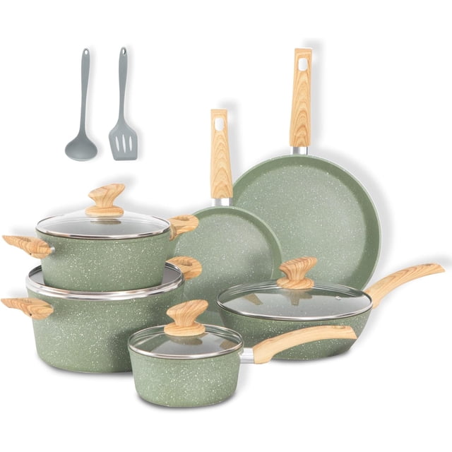 DishDelight Induction Nonstick Pots and Pans Set, 12 Piece Kitchen Cookware Sets, Nonstick Granite Frying Pan Set, Green
