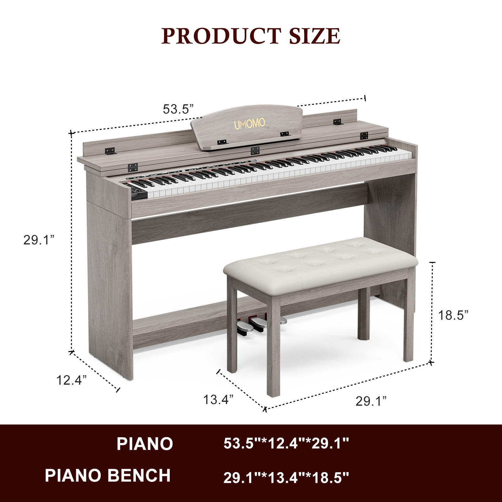 UMOMO 88 Key Digital Piano Keyboard with Piano Bench, Full Size Electric Piano with Piano Stand, Headphone Jack, 3 Pedal, Electronic Piano for Beginner, Adults, Gray