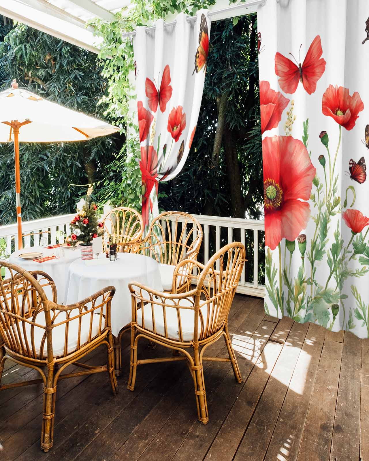 Red Flower Outdoor Curtains for Patio, Spring Butterfly Waterproof Weatherproof Outside Privacy Curtains Outdoor Drapes for Porch Pergola Gazebo 54x84 Inch, 2 Panel