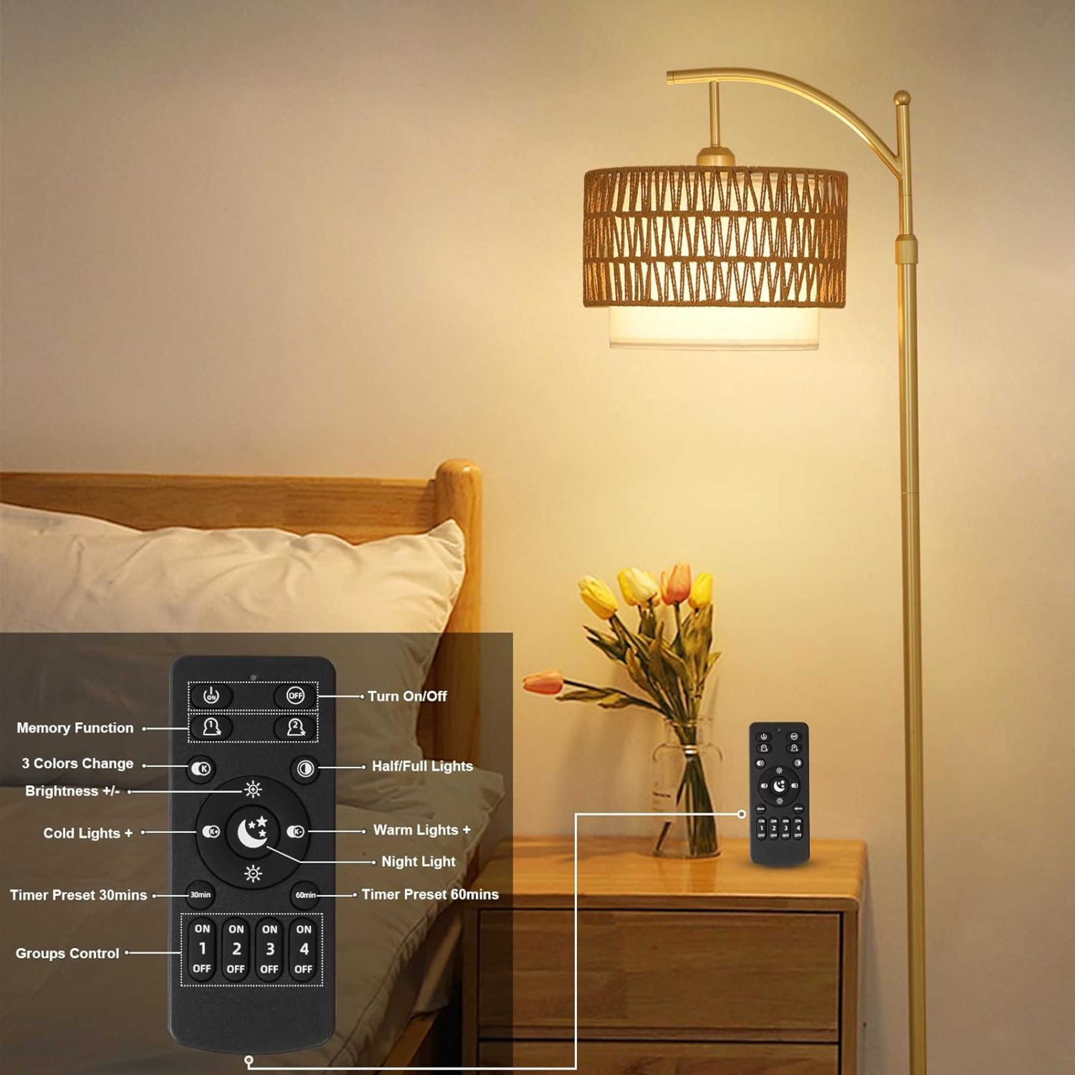 Noble House Modern Rattan Floor Lamp, Remote Dimmable, Adjustable Tall & Color Temperatures, Straight Drum Shade, Gold