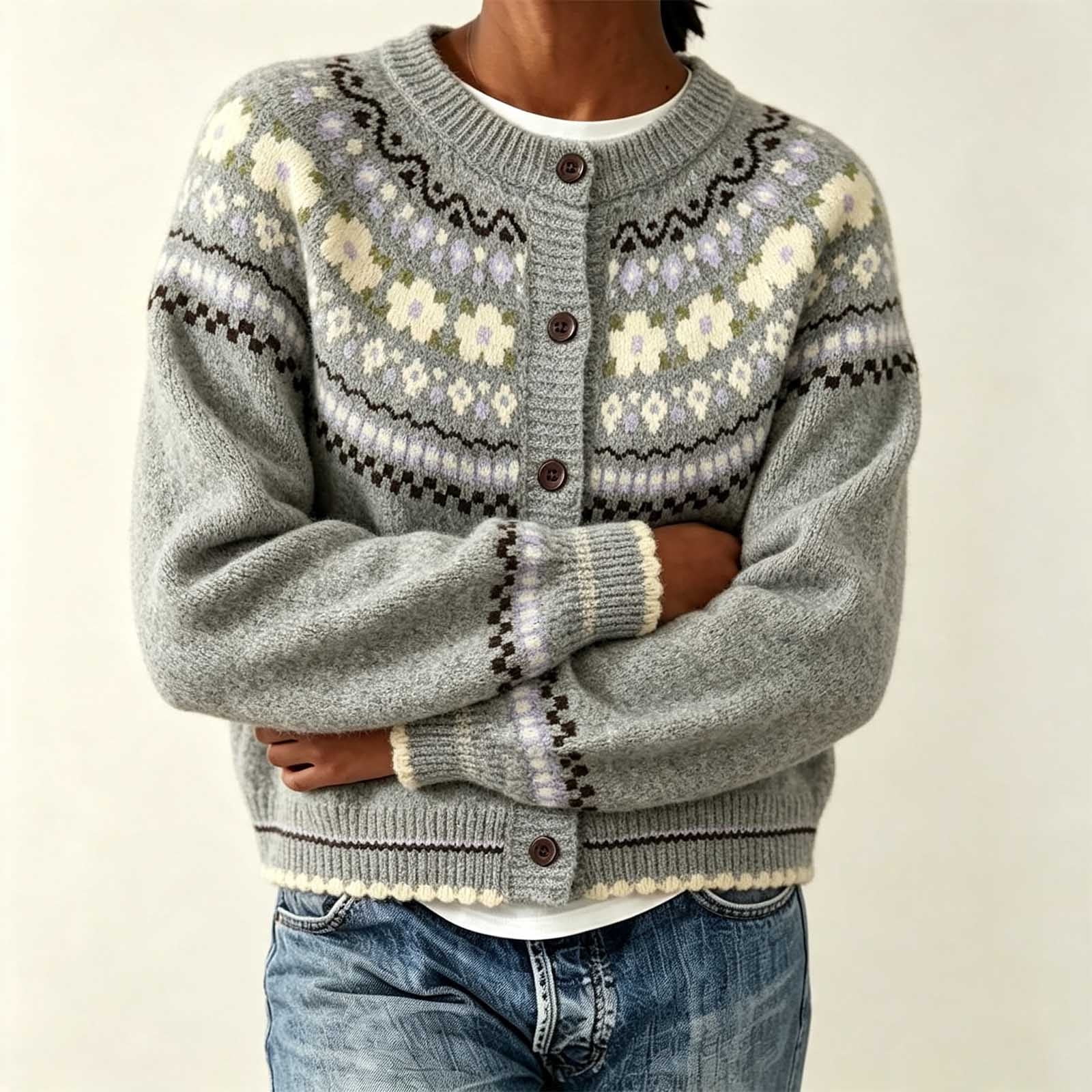 Edvintorg Plus Size Cardigan Women Fair Isle Cerw Neck Knit Sweater Long Sleeve Casual Open Front Top Womens Fashion Gray S-3XL