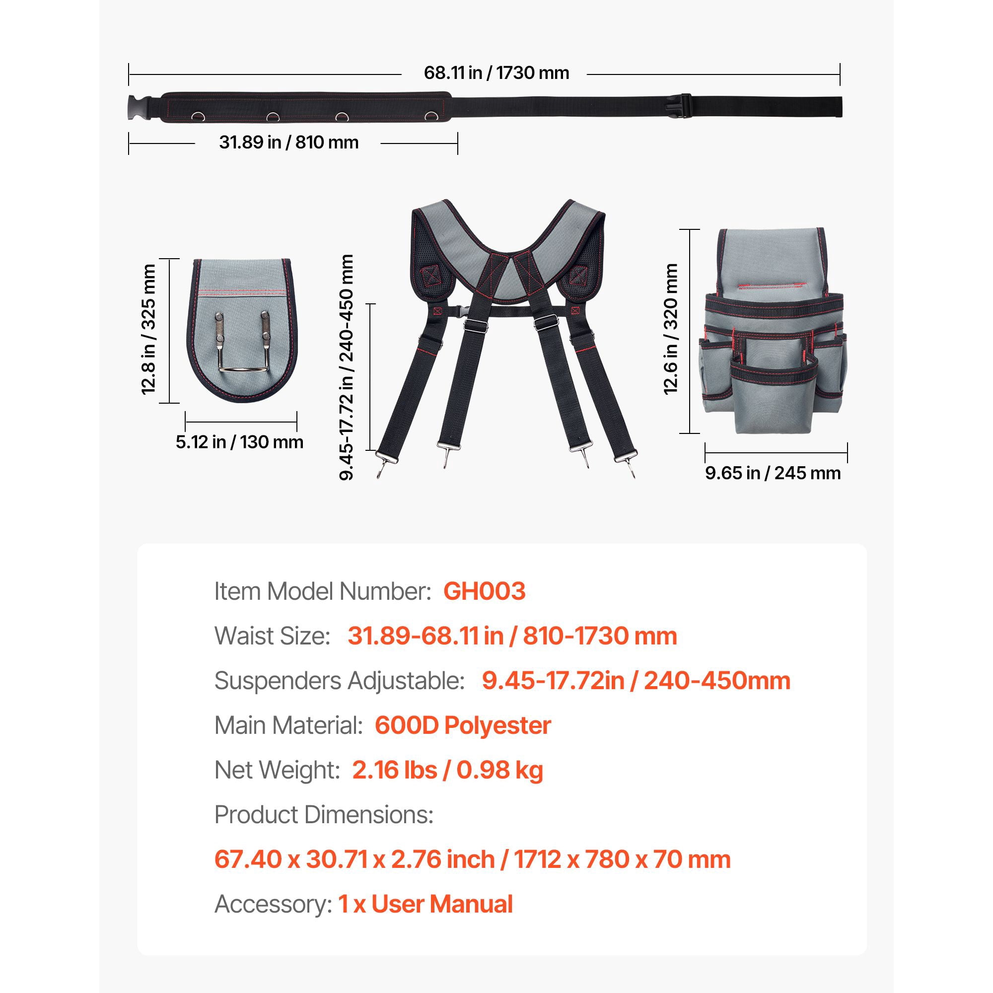 Tool Belt 22-Pockets, 600D Polyester Framers Belt with Ergonomic Comfort Waist, Adjustable 31.89-48.11 Inch, Abrasion and Tear-Resistant for Carpentry and Construction