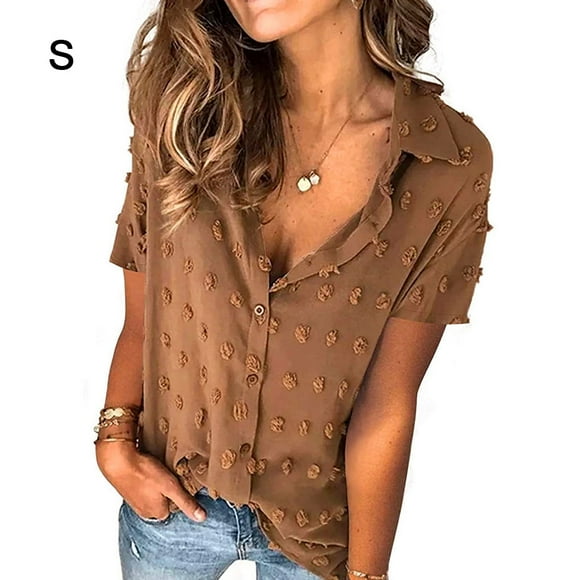 Camisa de mujer Blusa de gasa informal Blusa con botones de manga corta para niña, Marrón, S Vogacara AP001376-11